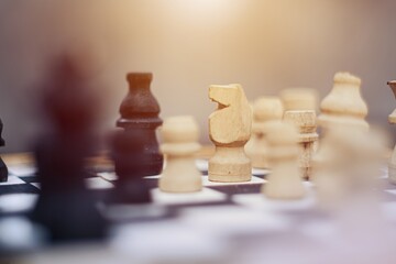 Wooden chessboard focuses on the white knight in the afternoon during sunset with bokeh foreground and background