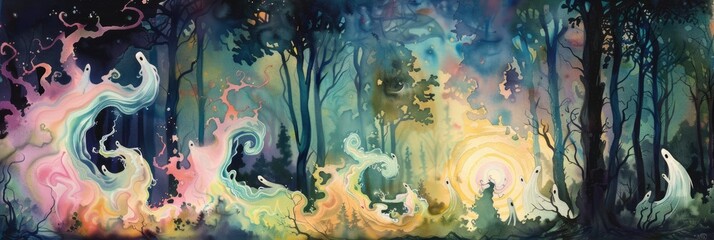 A watercolor swirl of spectral ghosts emerging from a haunted forest