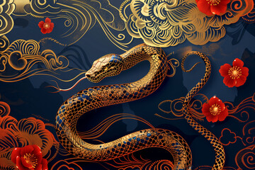 A golden snake against a Chinese New Year style background with red flowers and gold clouds. Traditional Chinese pattern style illustration, on a dark blue background, flat lay, top view.