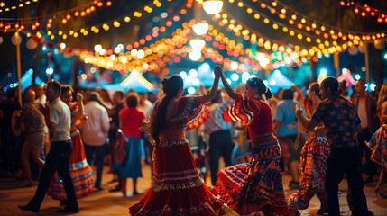 Málaga Feria Festival, the streets are filled with people wearing traditional clothes and dancing happily, Ai generated Images