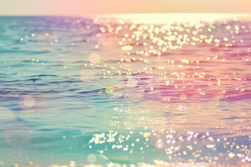 A dreamy pastel-colored ocean view with sunlight reflecting off the water surface, creating a serene and tranquil atmosphere in nature.