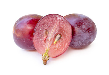 Front view of fresh red grape with half in stack isolated on white background with clipping path
