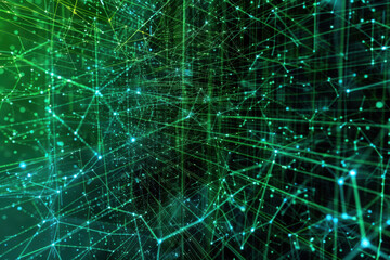 Abstract digital network visualization with glowing green nodes and interconnected lines, showcasing data flow and futuristic technology.