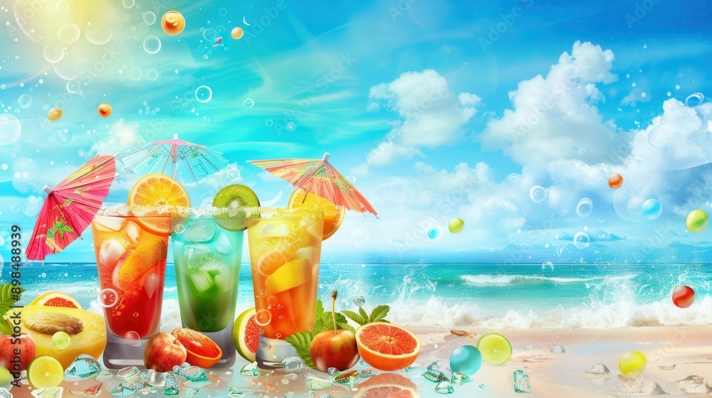 Poster a close-up view of colorful cocktails garnished with fruit and umbrellas on a sandy beach with an oc