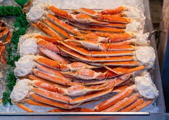 Frozen Alaska king crab legs in Washington D.C. fish market at the Wharf.