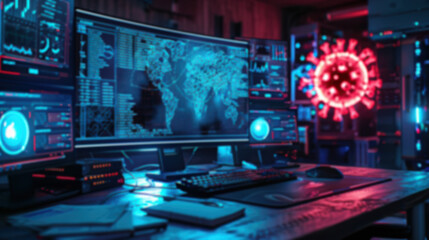 Futuristic cybersecurity setup with multiple monitors displaying data and a glowing holographic interface in a dimly lit tech room.