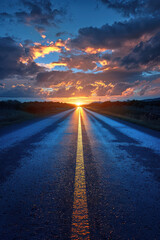 Scenic sunset over a wet road stretching into the horizon, with dramatic clouds and vibrant colors, capturing a breathtaking moment of natural beauty.
