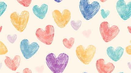 Colorful Hand-Drawn Hearts Pattern with Varying Colors on Light Background - Romantic, Playful, Artistic Valentine's Day Background, Children's Wallpaper, Cute Love-Themed Digital Art