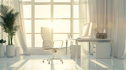 Office interior design in white color and rays of light. 3d render interior design