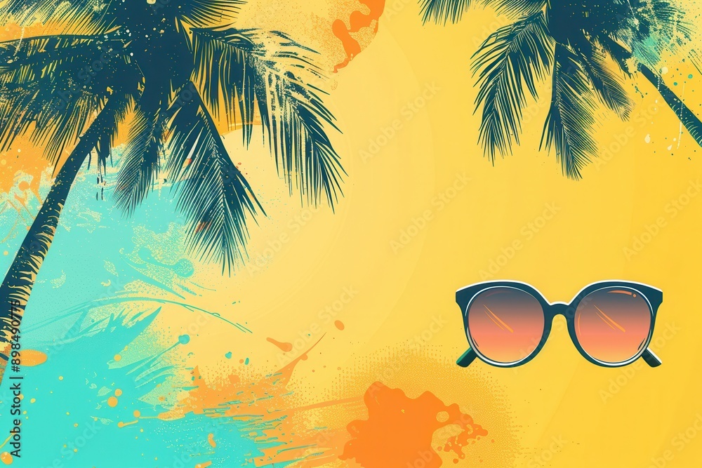 Poster palm tree silhouettes on a yellow background with paint splatter effects, and a pair of sunglasses i