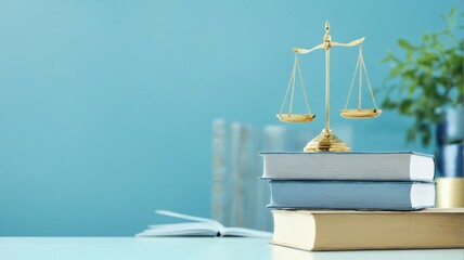 Golden balance scale top stack books blue desk Legal Compliance