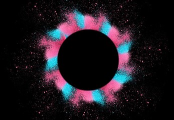 Explosion of colored bright pink powder on black background