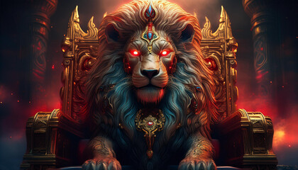  God lion sitting on a golden throne with neon red eyes, with black fog background