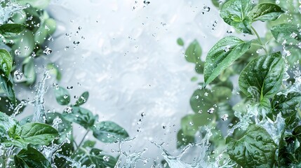 Herbal drink wave splash with mint leaves and water flow. Menthol, peppermint, match tea green foliage. Vector organic beverage 3d advertising with realistic leaves in aqua and splatters