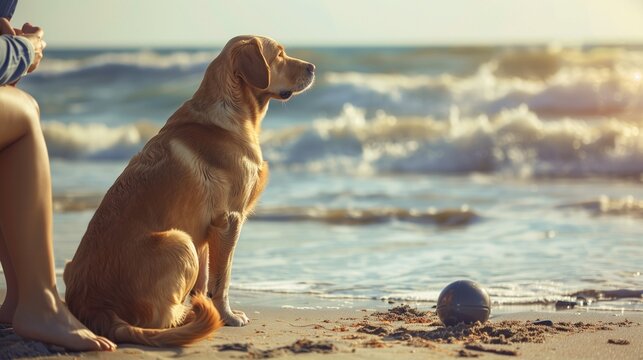 dog labrador golden retriever frolicking and relaxing on the beach, on the seashore
