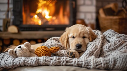 Cute little golden labrador retriever puppy sleeping comfortably near a burning fireplace