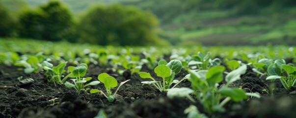 Obraz premium Close-up green sprouts of vegetables growing in black soil, agricultural vegetable farm plant seedling concept