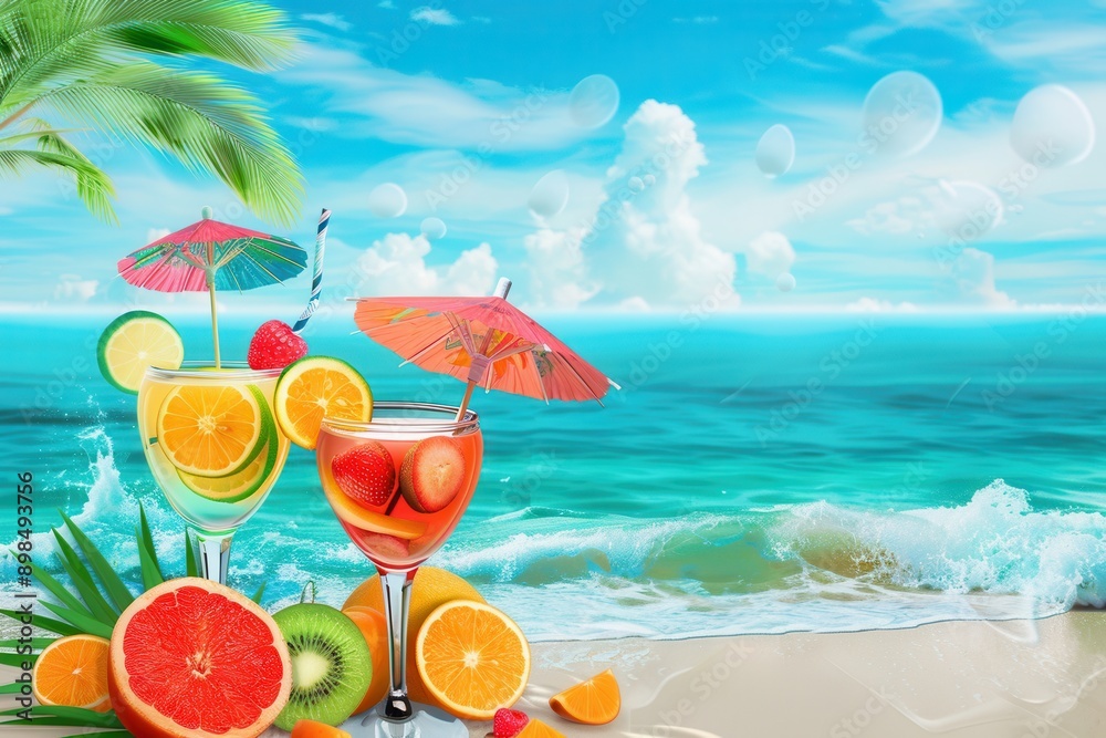 Poster two colorful cocktails garnished with fruit and miniature umbrellas sit on a sandy beach with palm t