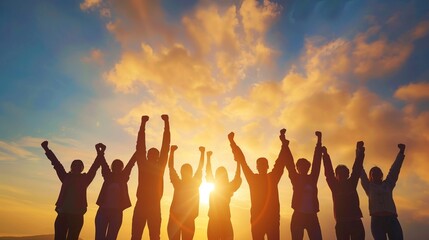 Group of people with arms raised in celebration,blurry background,copy space,web banner
