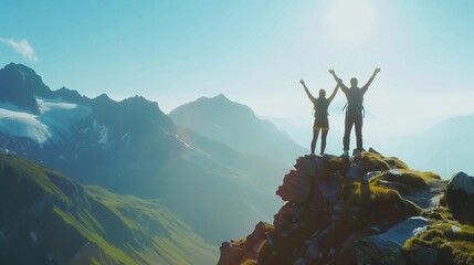 Group stands on top of mountain with arms raised in victory,sunset,triumph over challenges,banner.
