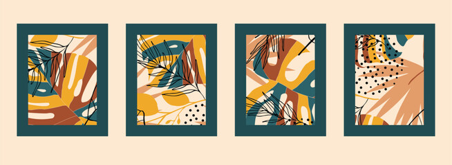 Colorful set of abstract wall art vector. Leaves, organic shapes, tropical leaf in hand drawn style. Wall decoration collection design for interior, poster, cover, banner.