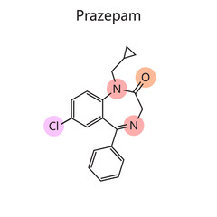 Chemical organic formula of Prazepam diagram hand drawn schematic vector illustration. Medical science educational illustration