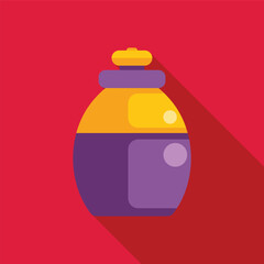 Purple and yellow bottle with long shadow casting on red background, minimal concept