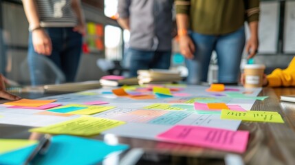 Team collaborating on a brainstorming session with colorful sticky notes on a table, working on new ideas and strategies in a modern office.