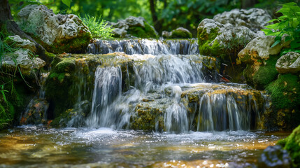 Fototapeta premium A small, serene waterfall cascading over moss-covered rocks in a lush, green forest, creating a tranquil and refreshing scene. 