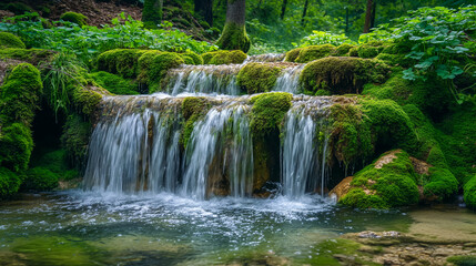 Fototapeta premium A gentle waterfall cascading over moss-covered rocks. 