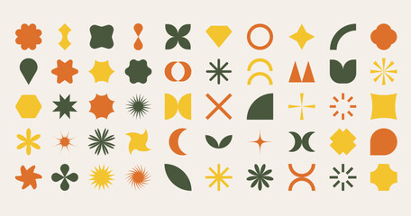 Vector set of brutalist geometric shapes. Trendy abstract minimalist figures, stars, flowers, circles. Modern abstract graphic design elements. Memphis figures, modern swiss