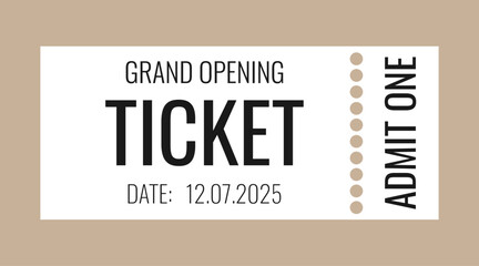 Ticket. Admit one ticket for grand opening. Minimalism. White modern ticket concert and festival event, movie theater coupon. Vector paper and digital samples icon.