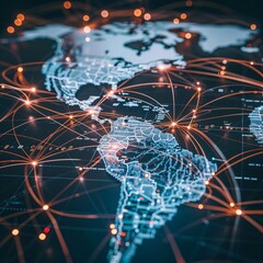 world map overlaid with the network lines showing transfer of data throught the world 