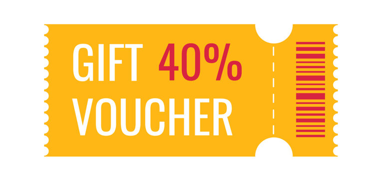40% off gift voucher with bar code. Yellow coupon sale. Big sale and super sale vector illustration