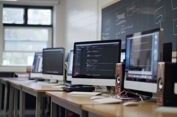 A board with code written on it hangs in front of the desks with computers
