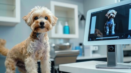 high-tech pet grooming salon with digital appointment scheduling and live pet cam feeds on a smart screen