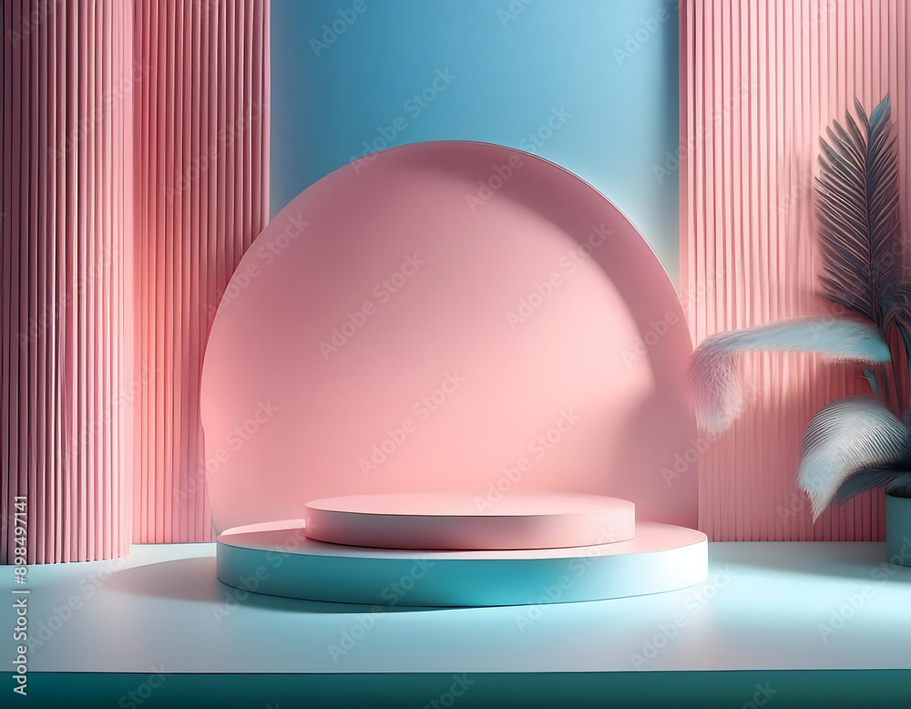 Poster 3d product display stand- a minimalist podium in a pastel setting with soft lighting. the p_1(5)