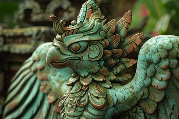 Fototapeta premium Close-Up of an Ornate Green and Copper Garuda Statue