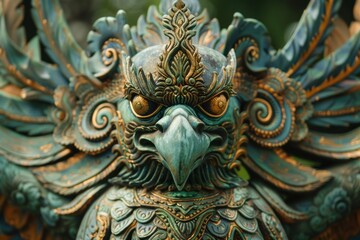 Fototapeta premium Close-up of a Green and Gold Garuda Statue