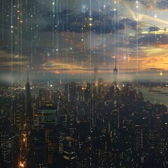 A futuristic cityscape with a digital overlay of global concetivity 