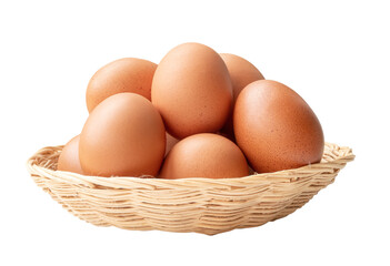 Front view of brown chicken eggs in stack in wicker basket isolated with clipping path in png file format