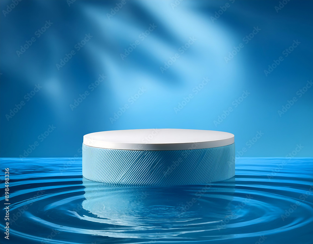 Poster abstract 3d podium on blue background- a 3d display stand on a blue water background, p_1(20)