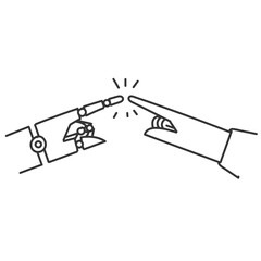 hand drawn doodle Robot and human hands interact with each other