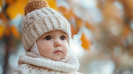 Young baby boy wearing wool sweater and scarf curious expression at autumn park