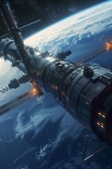 Obraz premium Space station of the future, view from outer space with the earth in the background