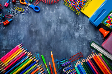 Photo of various school supplies arranged along the border with an empty center left for text. Items include books, pencils, rulers, and notebooks, creating an educational and vibrant theme