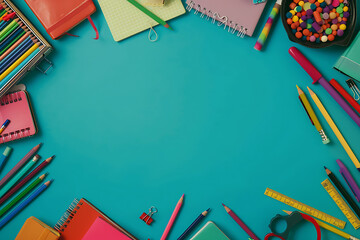 Photo of various school supplies arranged along the border with an empty center left for text. Items include books, pencils, rulers, and notebooks, creating an educational and vibrant theme