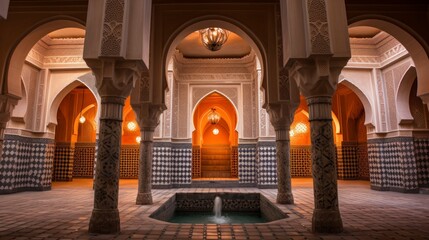 Obraz premium Ornate Arched Courtyard With a Central Fountain in Morocco
