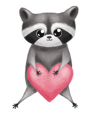 Cute cartoon grey happy animal raccoon holding heart in paws hands, illustration of love and romantic feelings, design for Valentine's Day card and sticker isolated