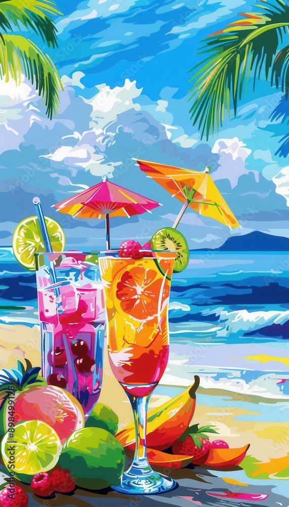 Aufkleber Two colorful cocktails with fruit garnish are displayed on a beach with palm trees and the ocean in the background. Generative AI